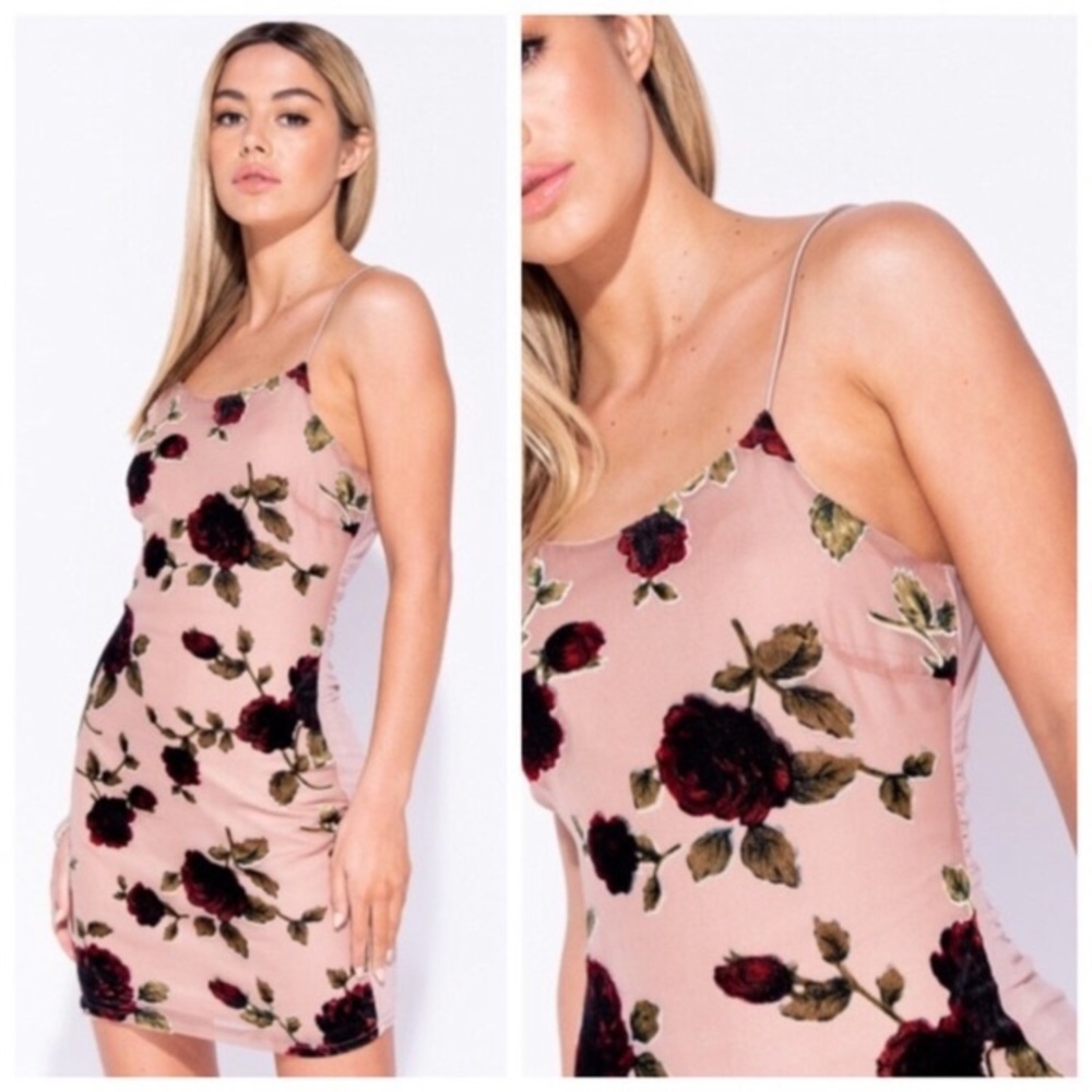 Blush pink velvet floral mini dress